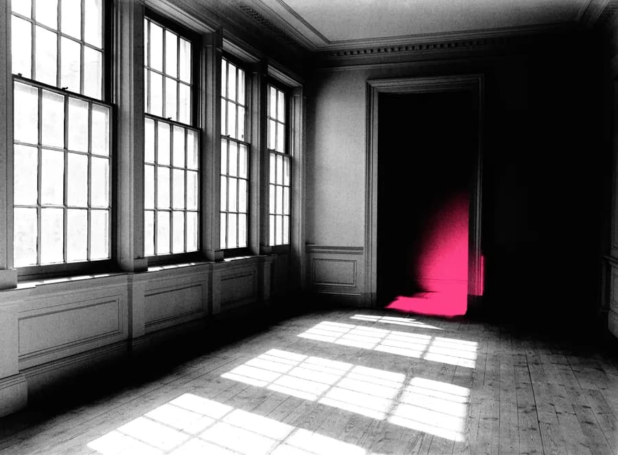 An empty period room with tall windows and bare floorboards